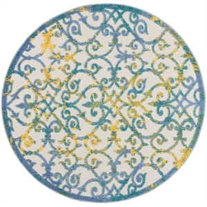 Pemberly Row Contemporary 4' Round Ivory Blue Indoor/Outdoor Rug