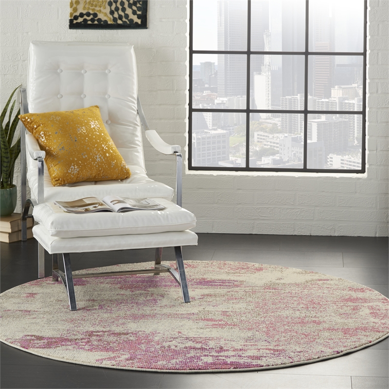 Pemberly Row 4' Round Ivory/Pink Modern Indoor Polypropylene Rug
