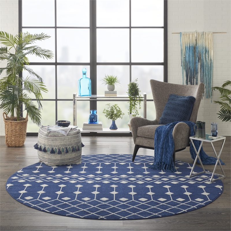 Pemberly Row 8' Round Navy Bohemian Indoor Polypropylene Rug