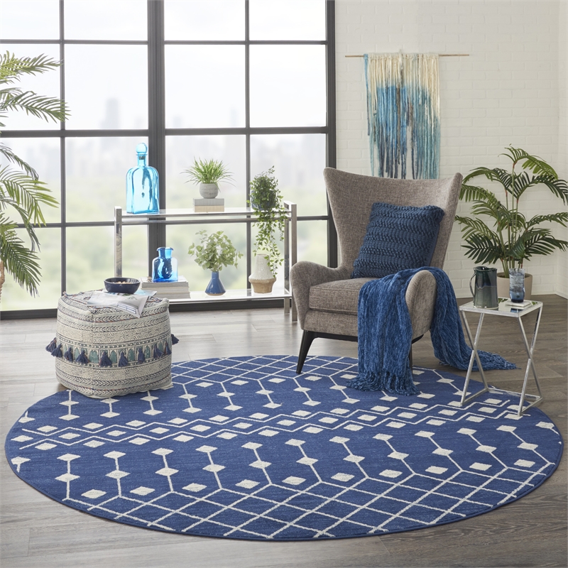 Pemberly Row 8' Round Navy Bohemian Indoor Polypropylene Rug
