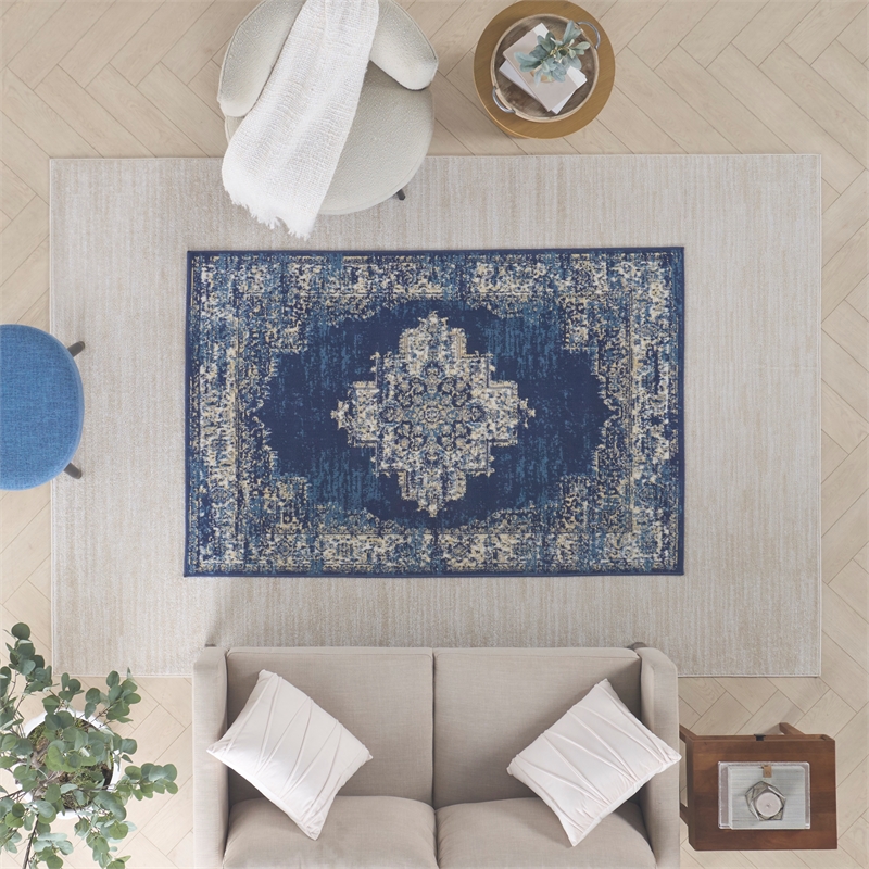 Pemberly Row Contemporary 5' Square Ivory Beige Indoor/Outdoor Rug