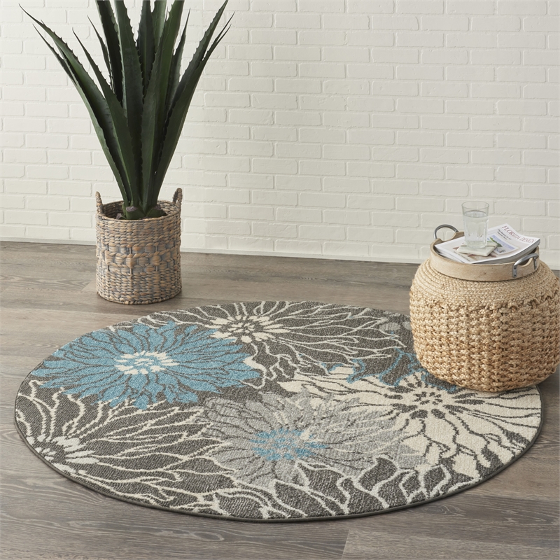 Pemberly Row 4' Round Charcoal/Blue Contemporary Indoor Polypropylene Rug