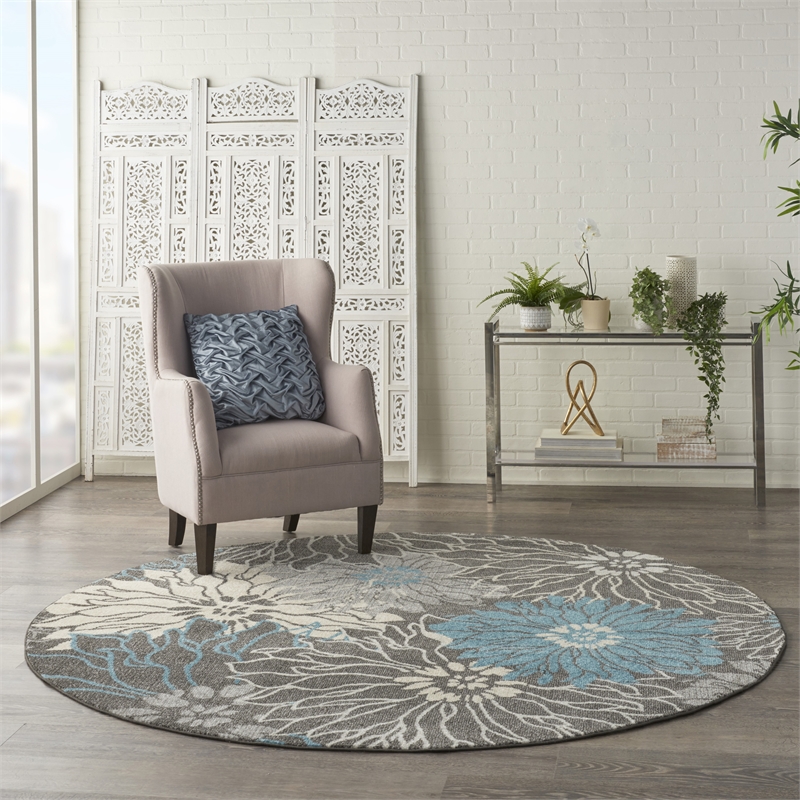 Pemberly Row 8' Round Charcoal/Blue Contemporary Indoor Polypropylene Rug