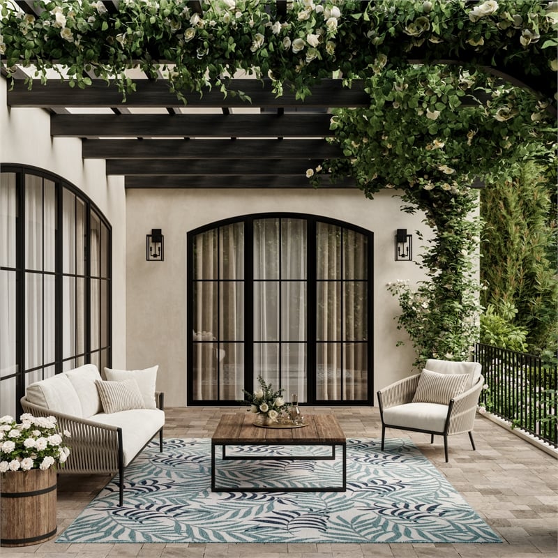 Pemberly Row Contemporary Home Garden Oasis 9'x12' Blue Area Rug
