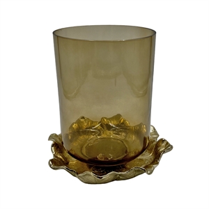 Pemberly Row 9-inch Tall Handmade Aluminum and Glass Candle Holder in Brown