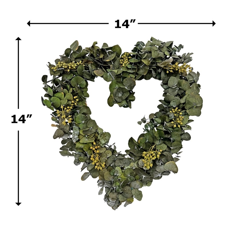 Pemberly Row Dried Preserved Valentines Day Real Green Eucalyptus Heart Wreath