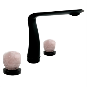 Pemberly Row Matte Black Brass Bathroom Faucet with Pink Rose Quartz Handles