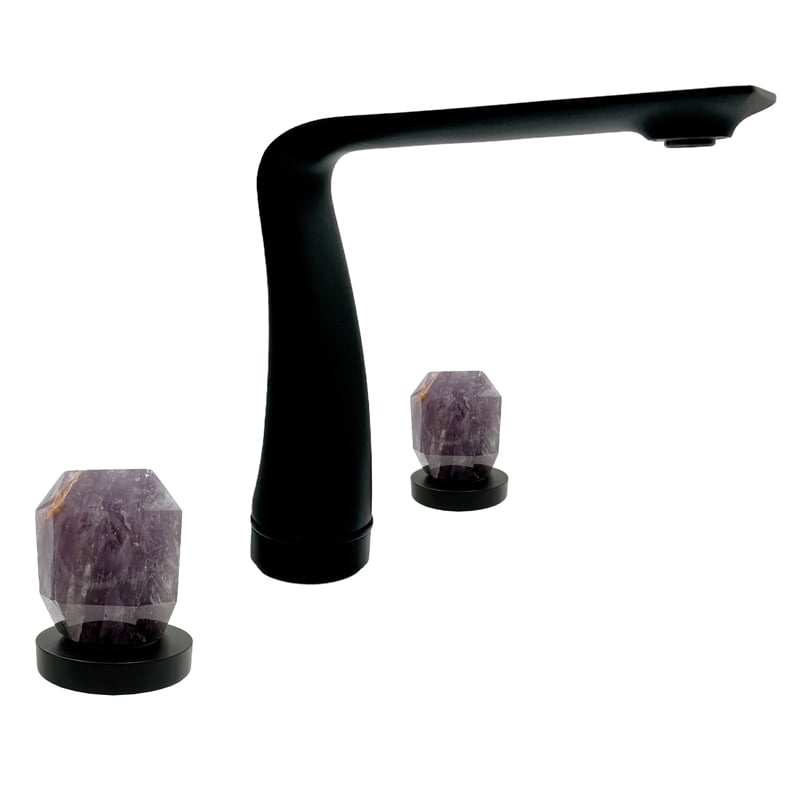 Pemberly Row Matte Black Brass Bathroom Faucet with Purple Amethyst Handles