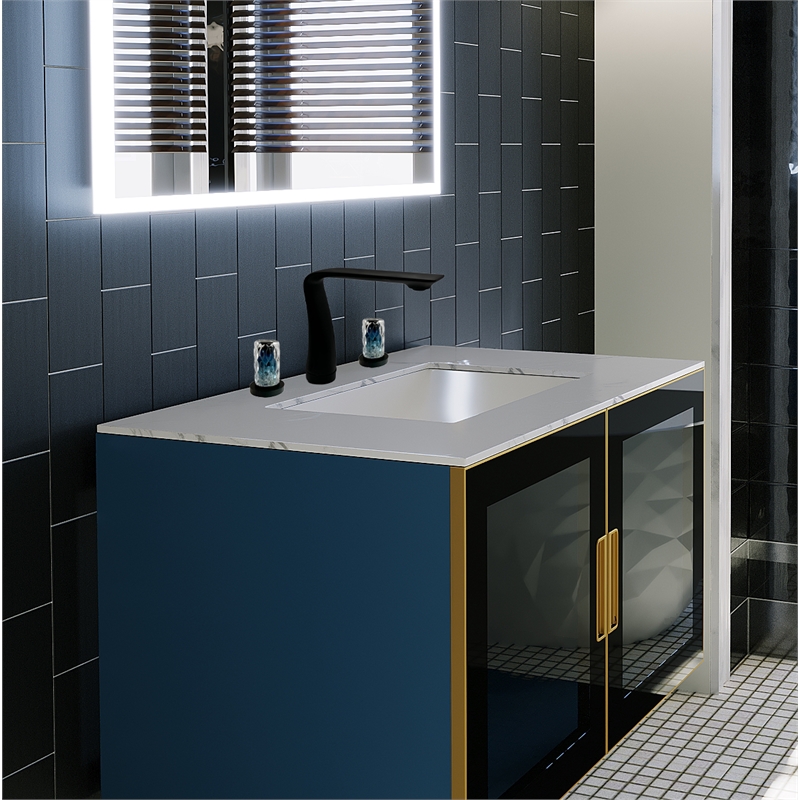 Pemberly Row Matte Black Brass Bathroom Faucet with Blue Glass Handles