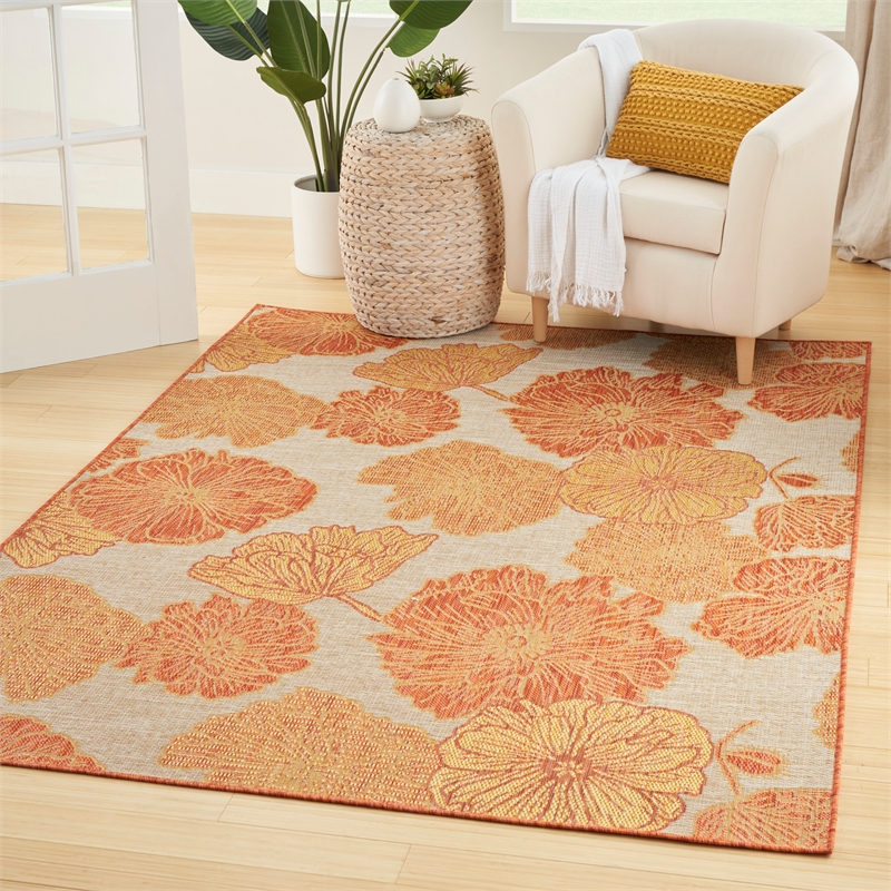 Pemberly Row Contemporary Home Garden Oasis 5'x7' Fabric Coral Area Rug