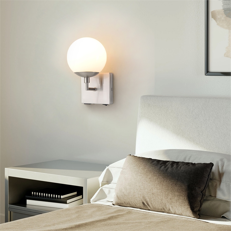 Pemberly Row Globe Wall Sconce - 10' Satin Nickel Plug-in with Rocker Switch