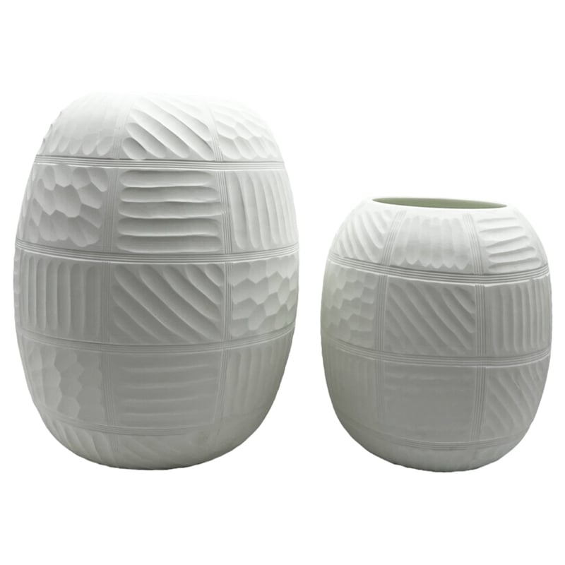 Pemberly Row Set of 2 Decorative Handmade Glass Round Carved Vase in White