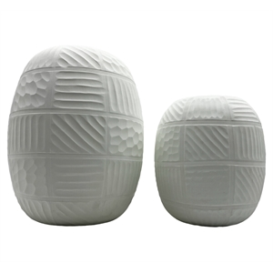 Pemberly Row Set of 2 Decorative Handmade Glass Round Carved Vase in White