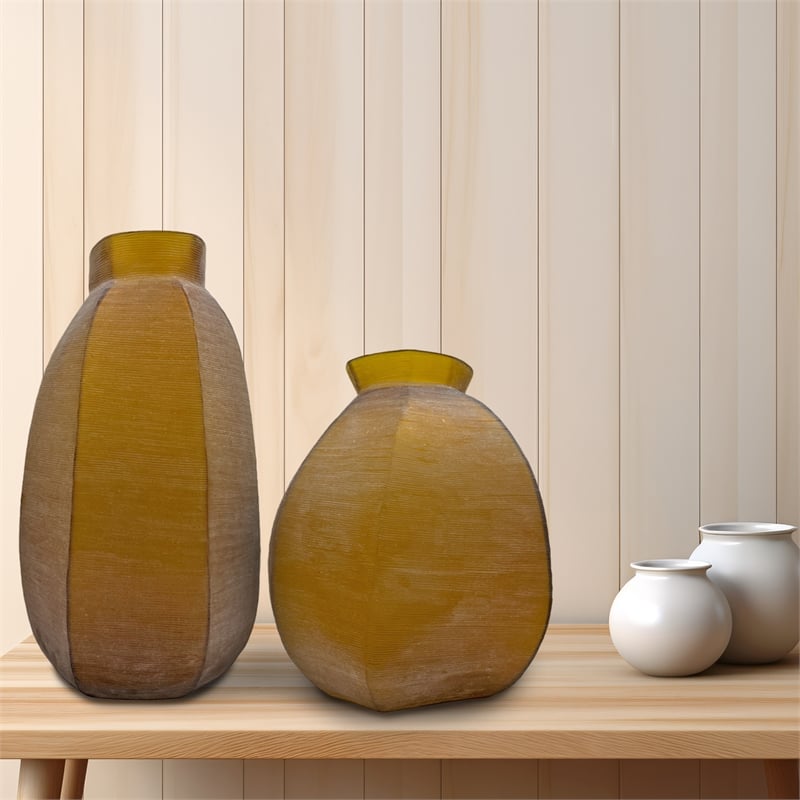 Pemberly Row Set of 2 Decorative Handmade Glass Amberstone Vase in Brown