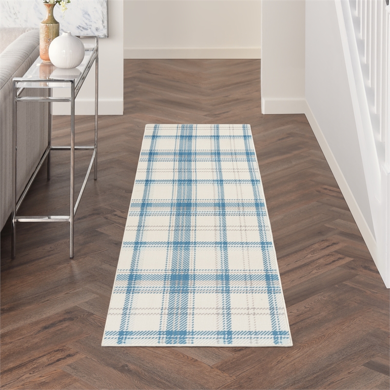 Pemberly Row Home 8' Runner Fabric Ivory Blue Farmhouse Indoor Rug