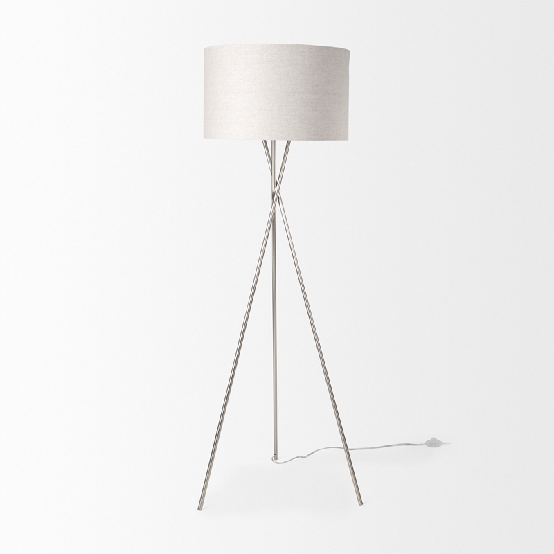 Pemberly Row Silver Metal with Beige Fabric Shade Floor Lamp