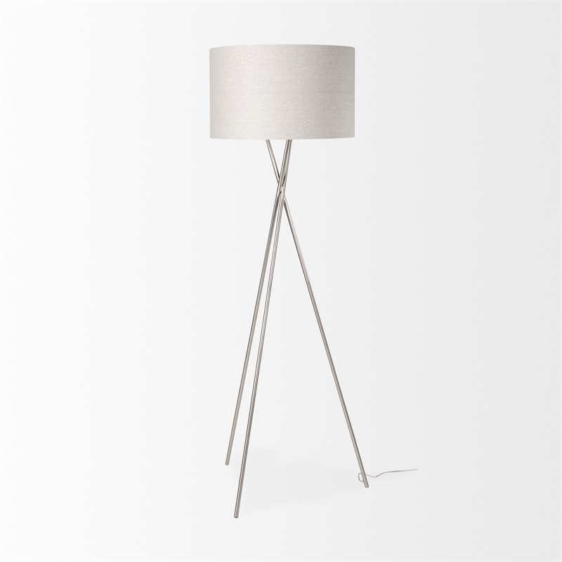 Pemberly Row Silver Metal with Beige Fabric Shade Floor Lamp