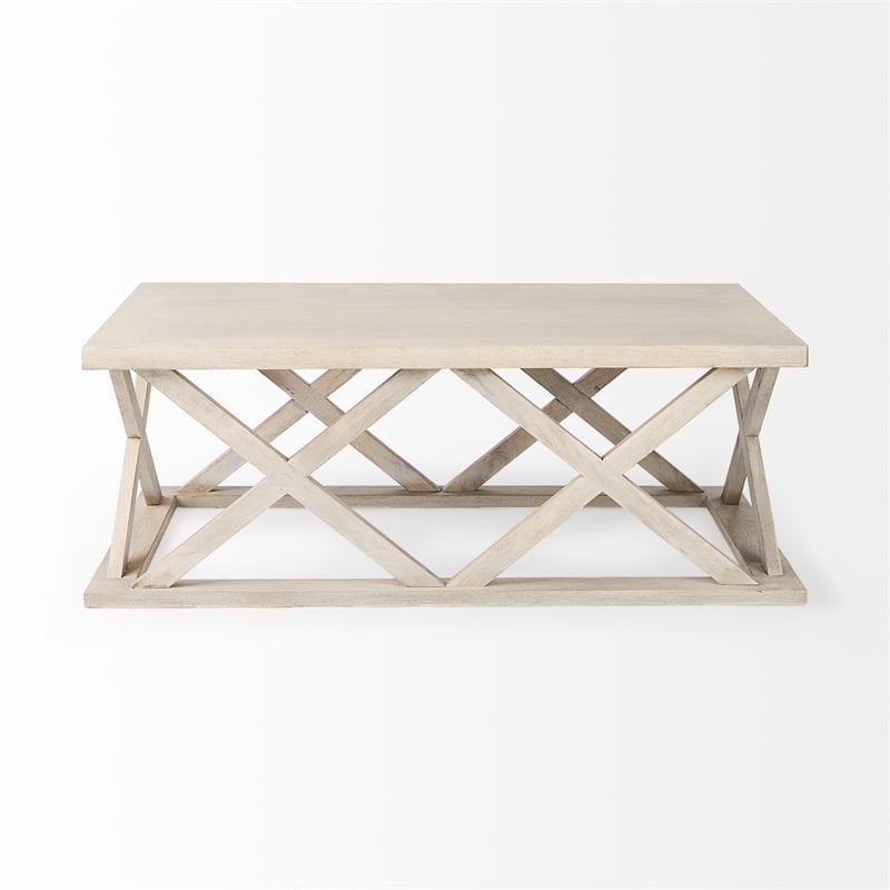 Pemberly Row Blonde Wood Rectangular Coffee Table in Off White