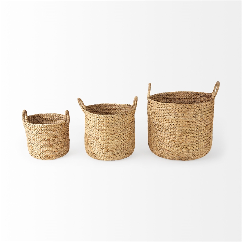 Pemberly Row Light Brown Water Hyacinth Round Basket with Handles in Set of 3