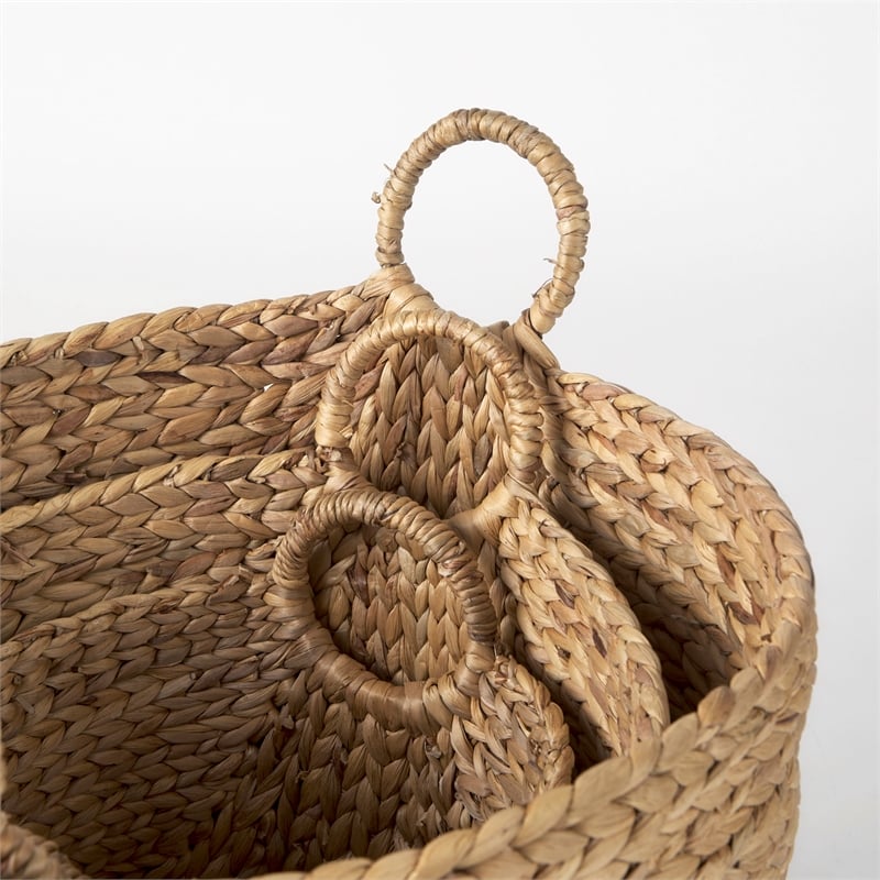 Pemberly Row Light Brown Water Hyacinth Round Basket with Handles in Set of 3