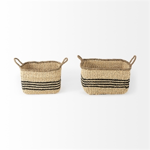 Pemberly Row Light Brown Seagrass Rectangular Basket w/ Black Stripes (Set of 2)