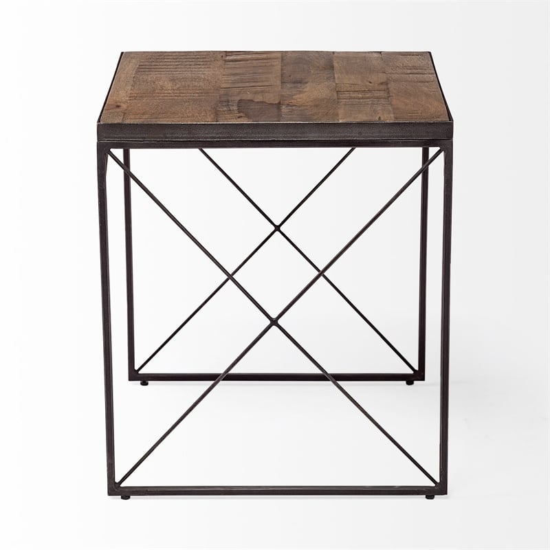 Pemberly Row Square Top Brown Wood And Iron Cross Braced End/Side Table