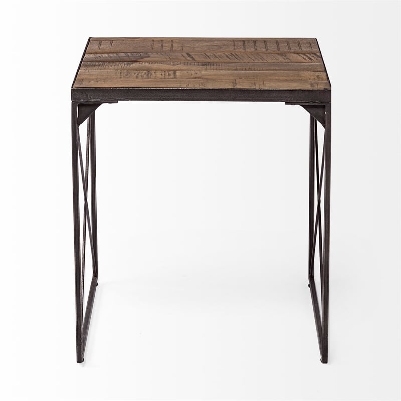 Pemberly Row Square Top Brown Wood And Iron Cross Braced End/Side Table