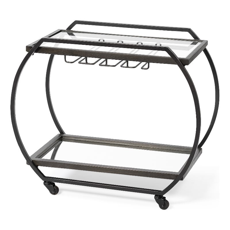Pemberly Row Contemporary Black Metal And Glass Two Tier Bar Cart