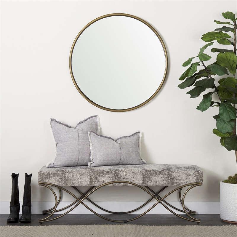 Pemberly Row Light And Dark Gray Fabric Seat with Antique Gold Metal Frame Bench