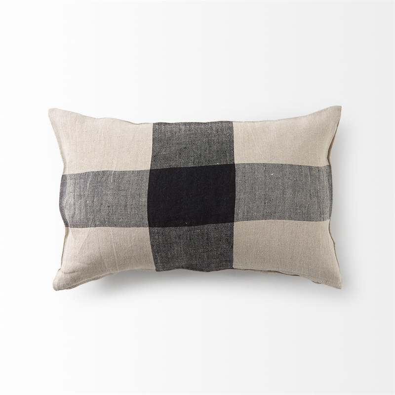 Pemberly Row 13Lx21W Beige And Black Fabric Plaid Decorative Pillow Cover