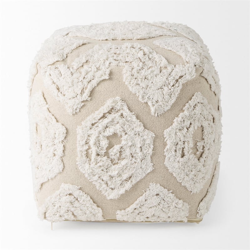 Pemberly Row Contemporary 16Lx16Wx16H Cream/Beige Patterned Cotton Pouf