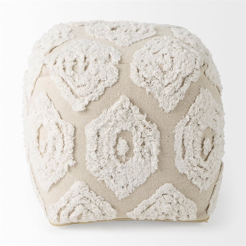 Pemberly Row Contemporary 16Lx16Wx16H Cream/Beige Patterned Cotton Pouf