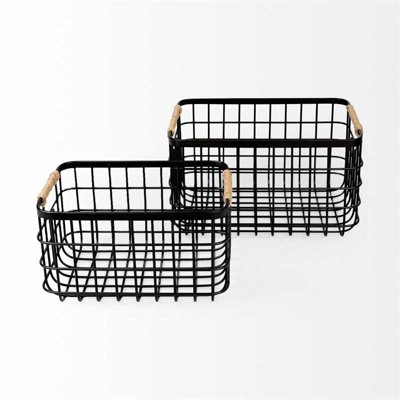 Pemberly Row Matte Black Metal with Rope Trim Rectangular Baskets in Set of 2