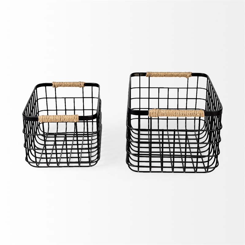 Pemberly Row Matte Black Metal with Rope Trim Rectangular Baskets in Set of 2