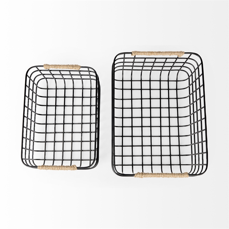 Pemberly Row Matte Black Metal with Rope Trim Rectangular Baskets in Set of 2