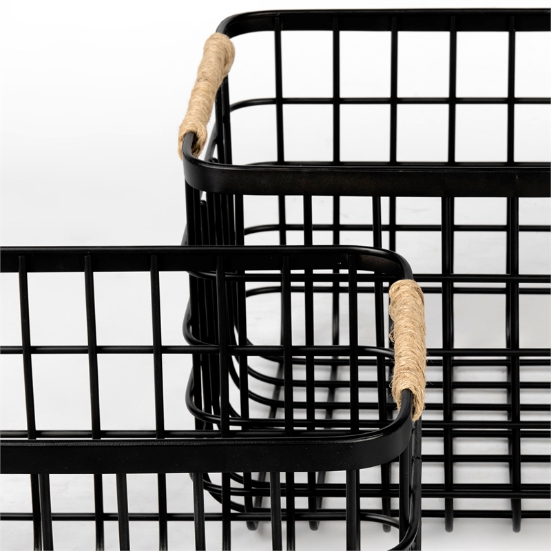 Pemberly Row Matte Black Metal with Rope Trim Rectangular Baskets in Set of 2