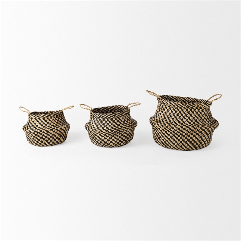 Pemberly Row Light/Dark Brown Cross Patterend Belly Seagrass Basket in Set of 3