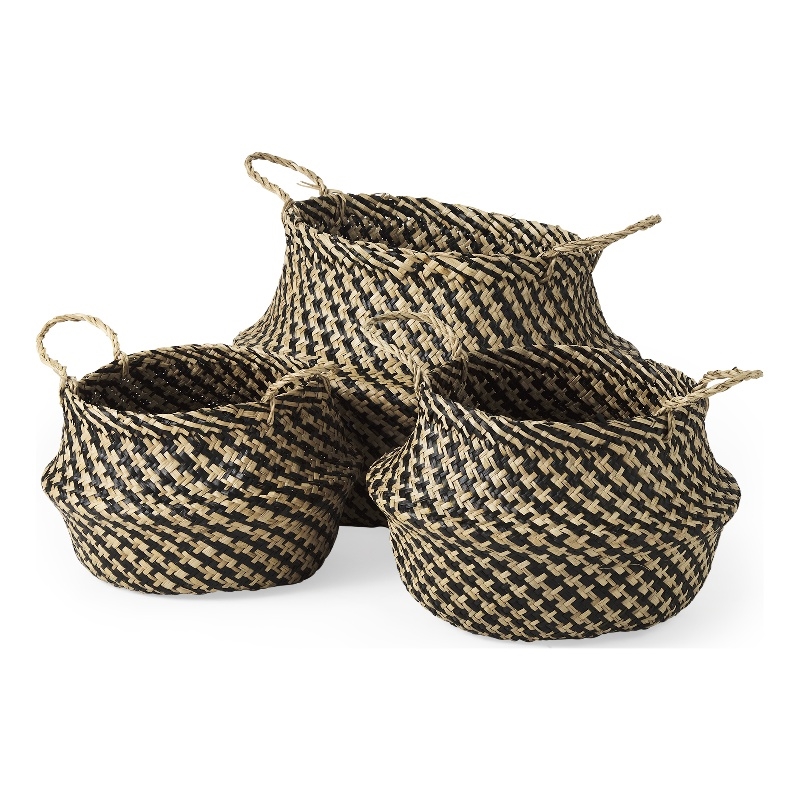 Pemberly Row Light/Dark Brown Cross Patterend Belly Seagrass Basket in Set of 3