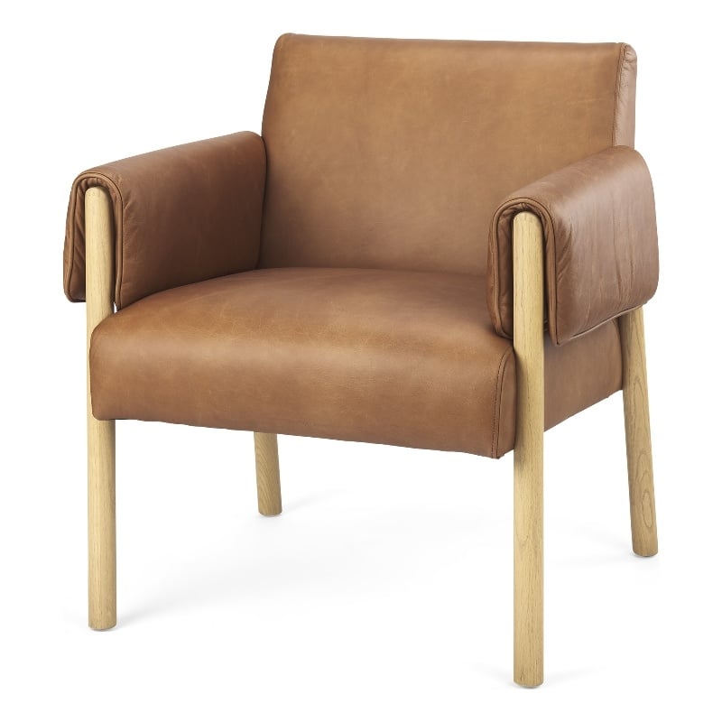 Pemberly Row Contemporary Brown Leather with Light Wood Accent Chair