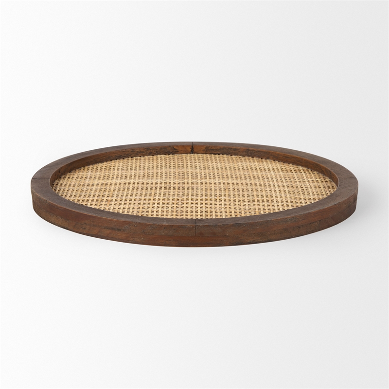 Pemberly Row Contemporary Cane And Medium Brown Wood Round Tray