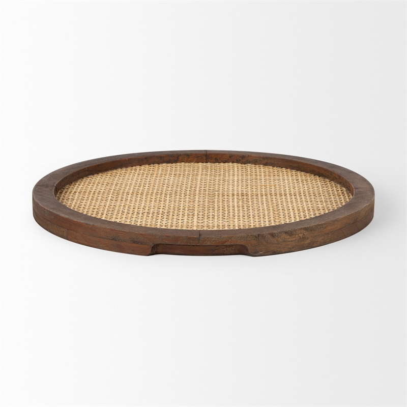 Pemberly Row Contemporary Cane And Medium Brown Wood Round Tray