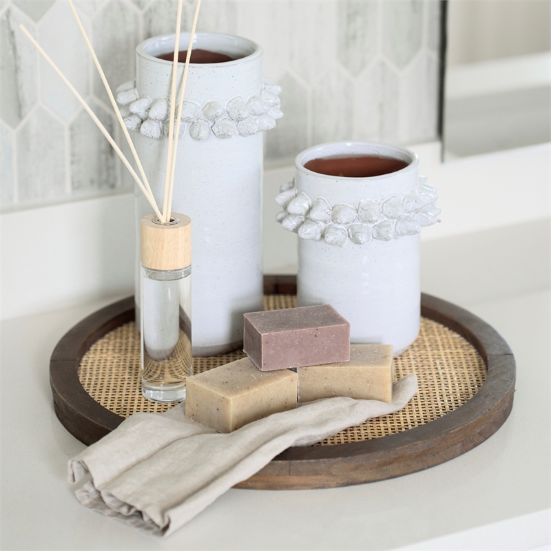 Pemberly Row Contemporary Cane And Medium Brown Wood Round Tray