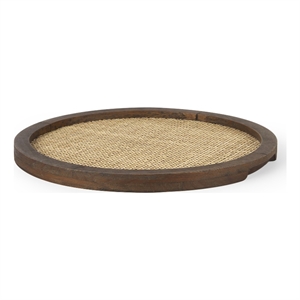 Pemberly Row Contemporary Cane And Medium Brown Wood Round Tray