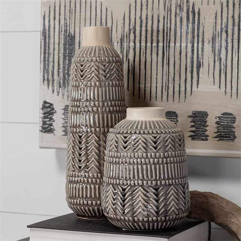 Pemberly Row Contemporary Large Dark Gray Cream Ceramic Vase