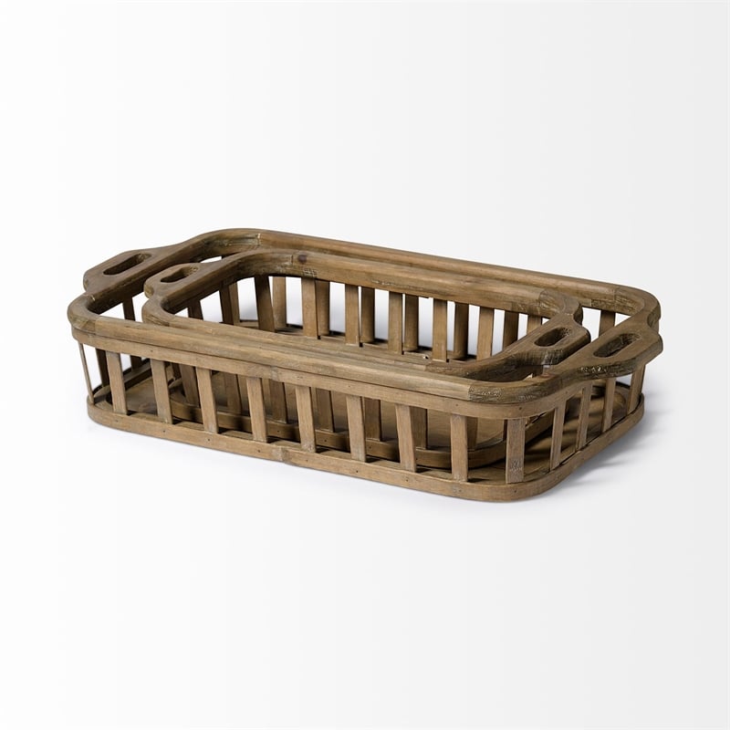 Pemberly Row Set of 2 Natural Wood Slated Nesting Trays in Brown