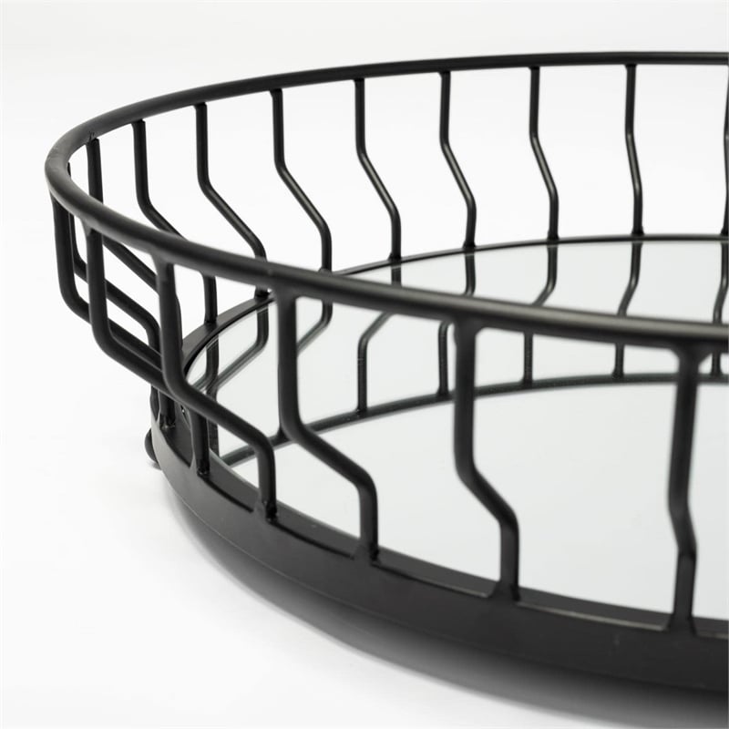 Pemberly Row 20Lx20W Black Metal Mirrored Bottom Round Serving Tray