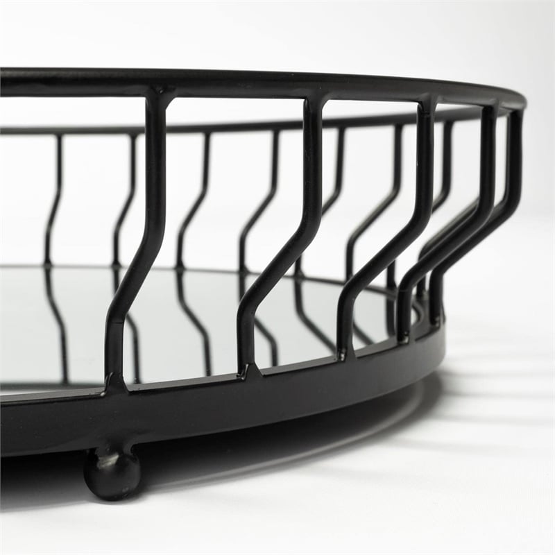 Pemberly Row 20Lx20W Black Metal Mirrored Bottom Round Serving Tray