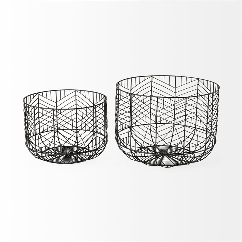 Pemberly Row Set of 2 Black Metal Geometric Mesh Bowls in Black/White