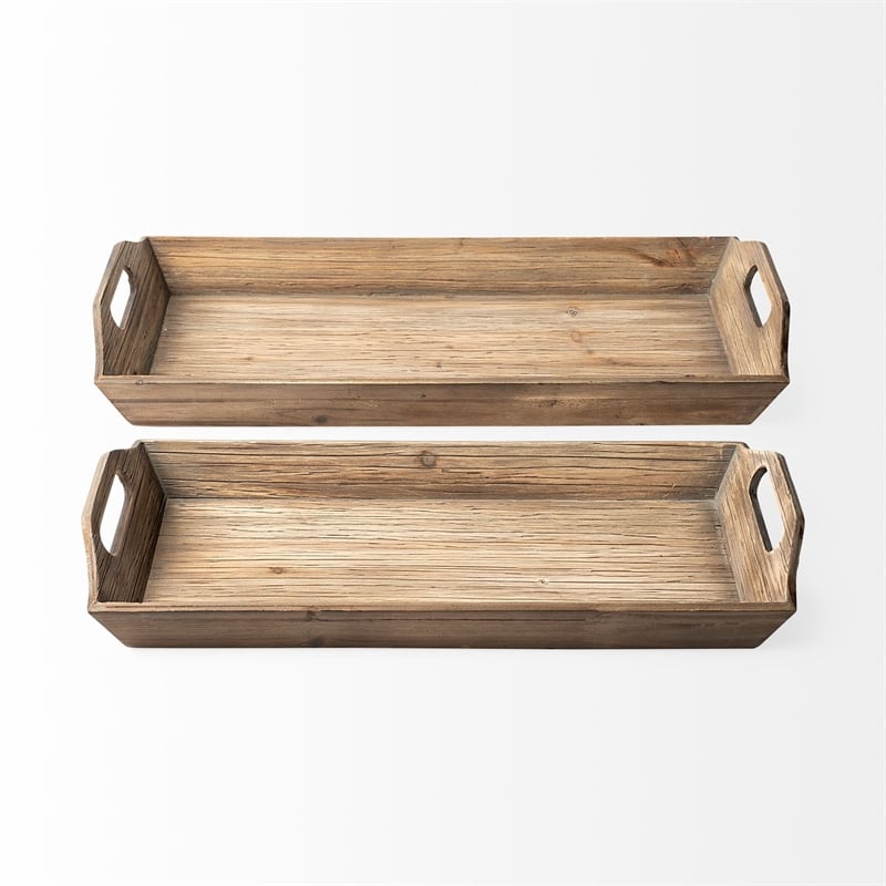 Pemberly Row Contemporary Set of 2 Natural Wooden Trays in Brown