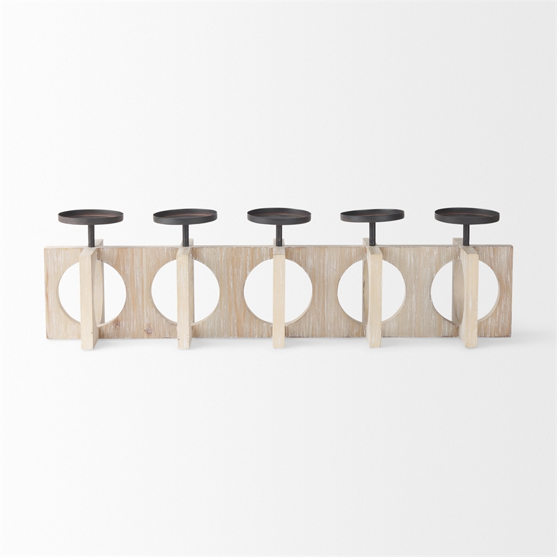 Pemberly Row Natural Wood with Black Metal Candle Holders in Brown